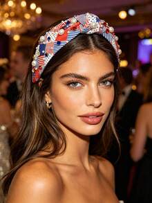 1Pc July 4th Independence Day Hairband, Stars & Stripes Pearl Rhinestone Knotted Wide Headwrap, Party Daily Versatile Hair Accessory - Multicolor - View 3