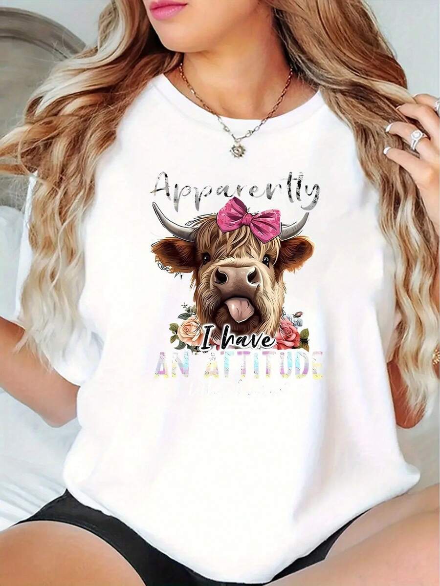 Cozy Comfy Lounge, Women's Fashion One-Piece Round Neck T-Shirt, Highland Cow Print Design, Casual Material, Slightly Stretchy, Animal Print, Comfortable Fit Suitable For All Seasons, Soft And Relaxed Home Wear. - 白色 - 查看 1