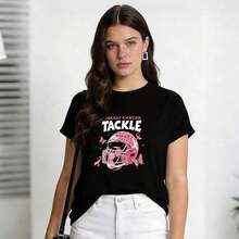 Ropa de verano para mujer, camiseta de algodón suave y casual con cuello redondo, estampado de leopardo rosa, estampado de casco de fútbol, estampado de mariposa, estampado de letras sobre cáncer de mama. Color. Adecuado para primavera, verano y otoño - Negro - Ver 5