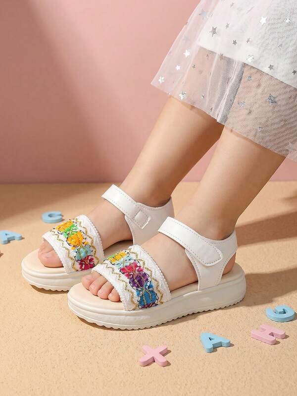 1 Pair Girls' Summer Flat Sandals, Colorful Bohemian Sandals, Children Beach Hook-And-Loop Sandals, Suitable For Vacation, Party, Matching Outfits, Playing In The Park