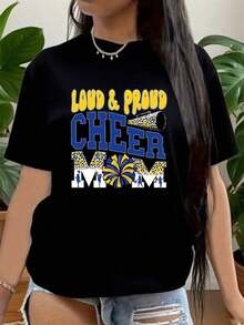 Camiseta de talla grande "Loud And Proud Cheer Mom" con estampado de leopardo en negro, amarillo y azul, con siluetas de animadoras y pompones para eventos de animación y días de juego. - Negro - Ver 2