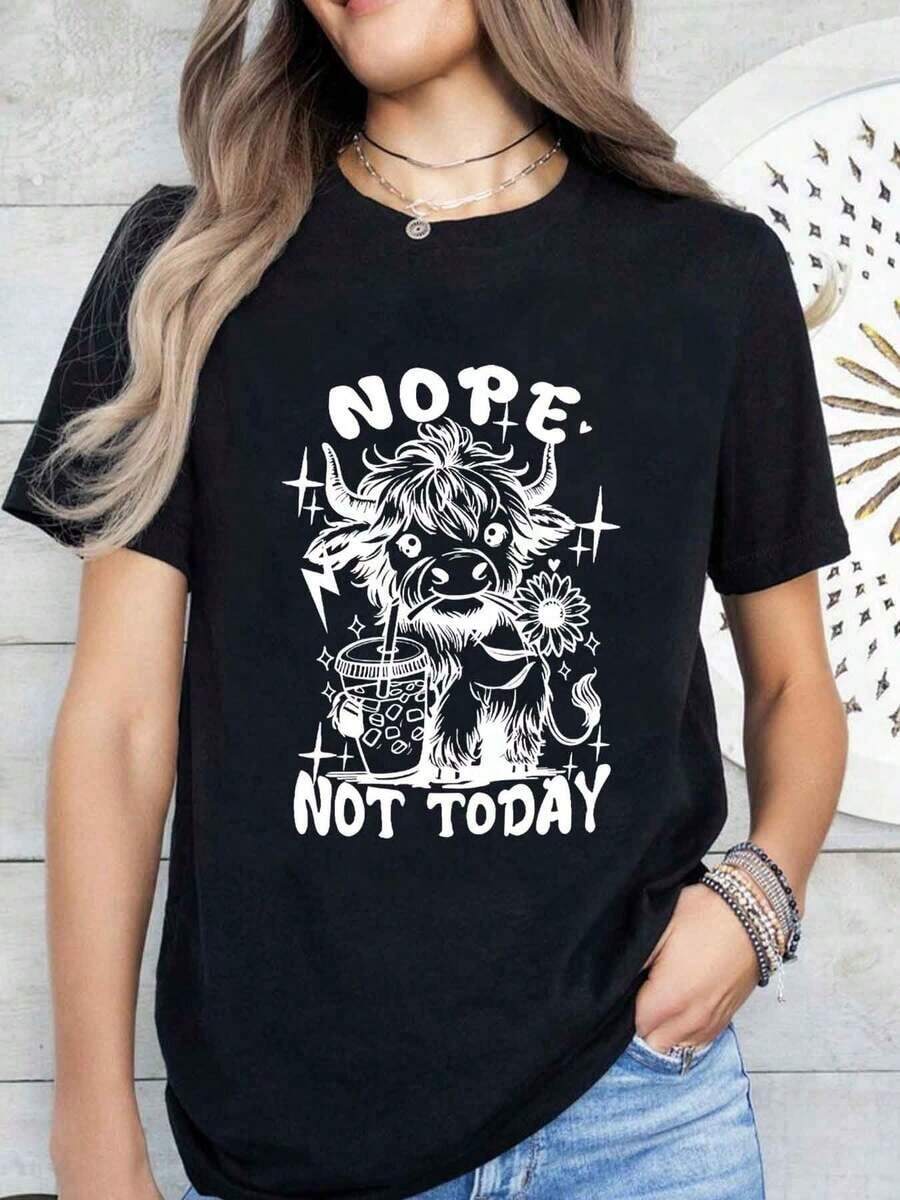 Women's Comfortable Casual Cotton Sports T-Shirt With 'Nope Not Today Cow Drink Star' Print, Ideal For A Gift - 黑色 - 查看 1