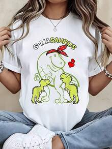 Cartoon T-Shirt With Dinosaur Mom G Masauros And Babies, Cute T-Shirt For Women, Funny Gift For Mother's Day, Casual Black Top. - 白色 - 查看 2