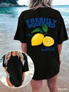 FRESHLY SQUEEZED Casual Short Sleeve Crew Neck T-Shirt With Lemon Vacation Graphic Print, Plus Size, Unisex, Casual Short Sleeve T-Shirts For Men And Women, 100% Cotton - 黑色 - 查看 3