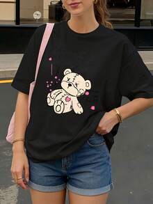 Una camiseta de mujer de manga corta, holgada, moderna, a la moda, retro y elegante, adecuada para actividades al aire libre en primavera y verano.Esta camiseta negra de mujer presenta un lindo osito de peluche, un corazón rosa y la frase "Cruel Ty Bear", lo que la hace perfecta para el uso diario y la moda urbana.blusas para mujer,blusas casuales para dama,tops,, mujer premium,y2k,playeras de mujer curvy,ofertas y liquidaciones ropa mujer,playeras deportivas para mujer,,playeras de hombre, mujer,blusas>elegante 46AO - Negro - Ver 8