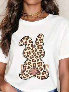 Camiseta con Estampado de Conejo y Leopardo para Mujer, Corte Holgado, Manga Corta, Estilo Casual, Moda de Verano, Camiseta con Patrón Animal - Blanco - Ver 6
