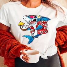 Womens Round Neck Short Sleeve Cotton T-Shirt Funny Beach Shark Graphic Casual Top - 白色 - 查看 1