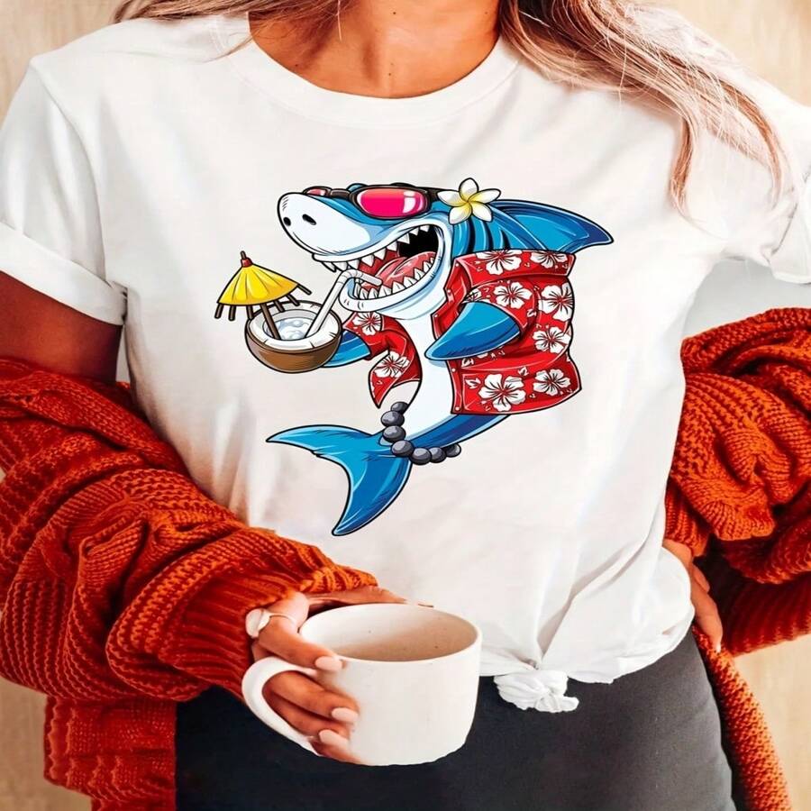 Womens Round Neck Short Sleeve Cotton T-Shirt Funny Beach Shark Graphic Casual Top - 白色 - 查看 1