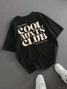 Women's Plus Size Loose Fit T-Shirt With "Cool Aunts Club" Letter Print, Mother's Day Gift, Teacher's Day Gift, Summer Casual Back To School Season - 黑色 - 查看 3