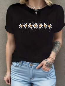 Plus Size Daisy Casual T-Shirt, Soft Crew Neck Casual Tee For All Seasons, Durable Print For Parties And Holidays, Birthday Gift For Adults And Toddlers, Matching Family Outfits - 黑色 - 查看 1