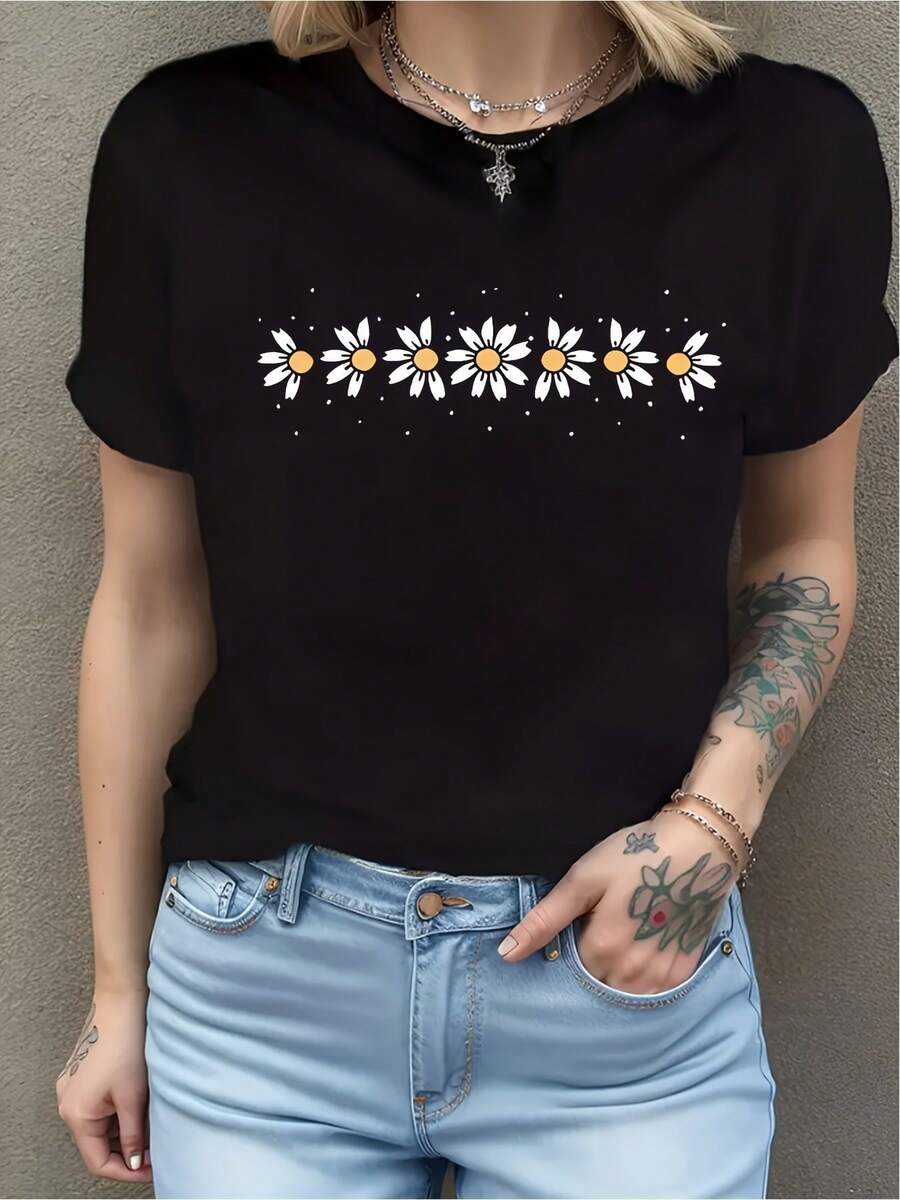 Plus Size Daisy Casual T-Shirt, Soft Crew Neck Casual Tee For All Seasons, Durable Print For Parties And Holidays, Birthday Gift For Adults And Toddlers, Matching Family Outfits - 黑色 - 查看 1