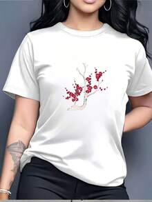Camiseta Gráfica Chic de 180g con Elegante Diseño de Flor de Ciruelo - Perfecta para Vacaciones Familiares, Eventos Corporativos y Team Building| Camiseta Suave y Transpirable para Todas las Ocasiones - Blanco - Ver 7