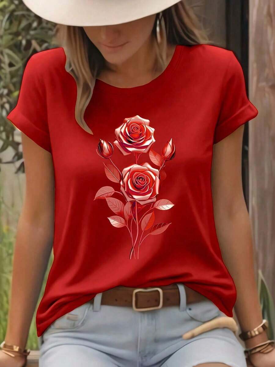 New Women's Casual Summer Print Short Sleeve T-Shirt For Spring And Summer, Women's Summer T-Shirts - Unisex Urban Vintage Style, Loose Fit Cotton Short Sleeve Round Neck T-Shirt. - 紅色 - 查看 1