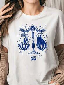 1 Piece Of Women's Oversized Graphic Tee, Libra Zodiac Sign Print Tee, Casual Loose Fit, Short Sleeve, Crew Neck, Cotton Blend, Long Off-The-Shoulder Tunic, Ideal For Everyday Wear, Zodiac Lovers, And Birthdays. 180g 100% Cotton. - 白色 - 查看 7