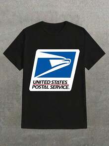 1 Piece Pure Cotton Printed T-Shirt With The United States Postal Service (U.S.P.S) Logo, Casual Print, Comfortable And Versatile, With Lettering Design, 180g 100% Cotton. - 黑色 - 查看 1
