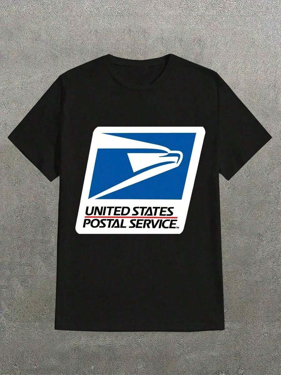 1 Piece Pure Cotton Printed T-Shirt With The United States Postal Service (U.S.P.S) Logo, Casual Print, Comfortable And Versatile, With Lettering Design, 180g 100% Cotton. - 黑色 - 查看 1