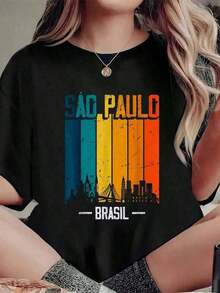 1 Piece Retro Vintage T-Shirt From Sao Paulo, Brazil, With Design Of The Sun And The Sao Paulo Skyline, Round Neck, Short Sleeve, Casual Style, For Summer, 180g 100% Cotton. - 黑色 - 查看 6