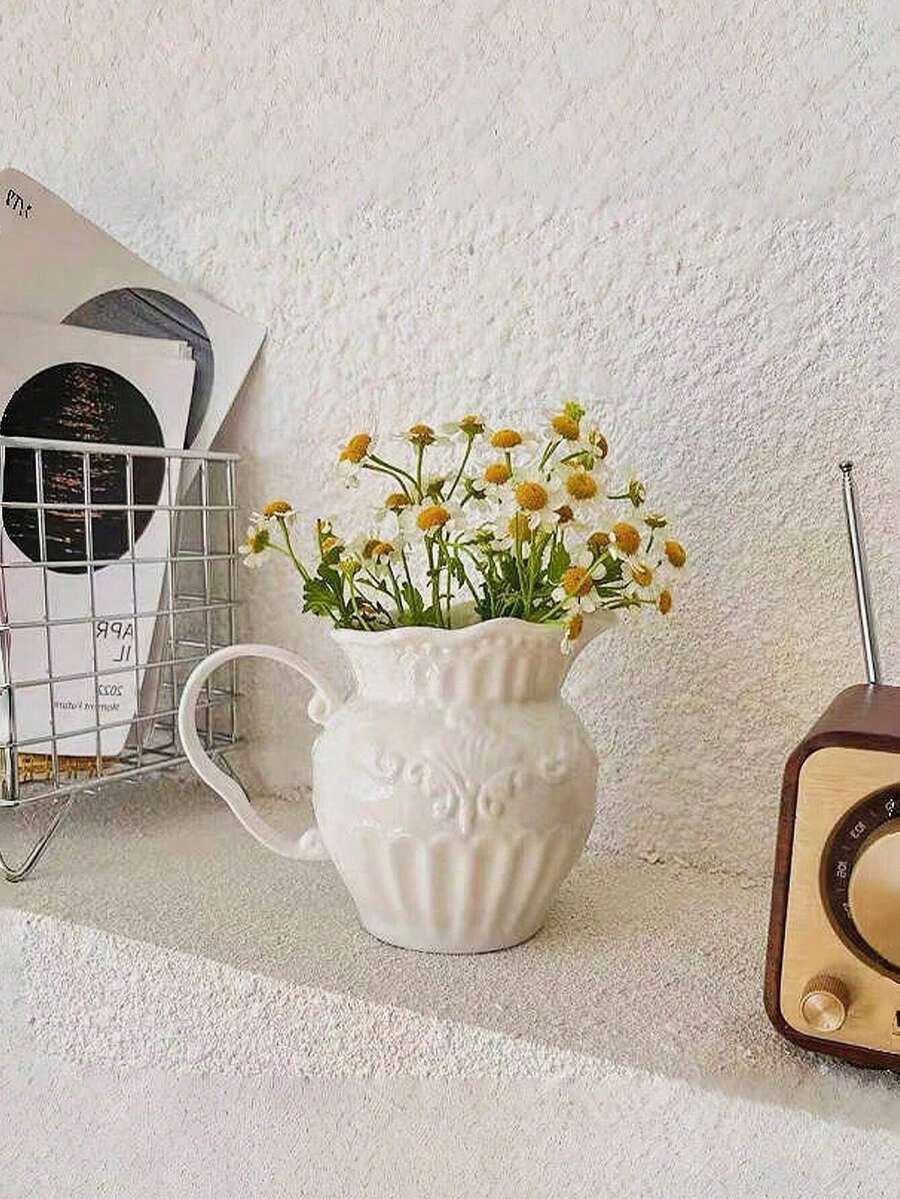 1pc Minimalist European Style Niche Premium Vintage Embossed Vase, White Milk Jug Decor For Living Room Fresh Flower Arrangement - A - View 1