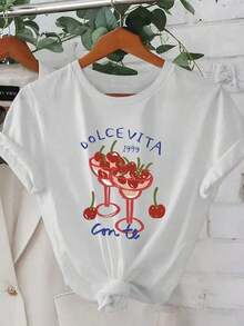 New Summer 2026, Creative Cherry Print T-Shirt, Elegant And Casual Korean Style For Spring-Summer - [白色的] - 查看 7