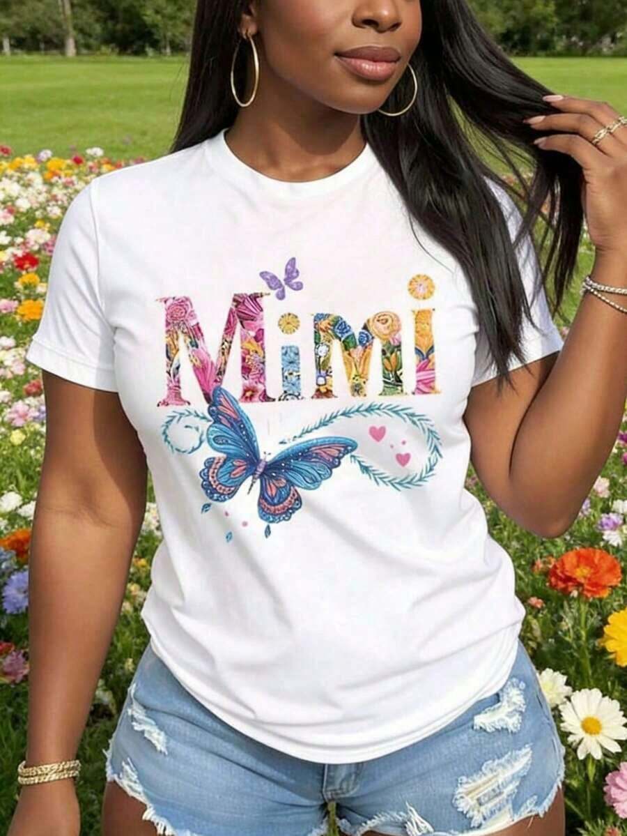 Camiseta de cuello redondo para mujer, estampado floral de mariposas Mimi, manga corta, top casual de verano, estilo vintage urbano, unisex, holgada, de algodón, manga corta, cuello redondo, blusas para mujer. blusas.blusas casuales para dama. - Blanco - Ver 1