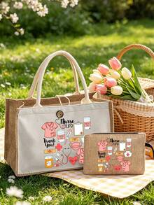 Túi tote vải canvas chủ đề y tá và túi đựng mỹ phẩm đồng bộ - Túi vải lanh chắp vá in họa tiết ống nghe, trái tim, ống tiêm, nhiệt kế, bền và nhẹ, vật dụng thiết yếu hàng ngày của y tá, túi lưu trữ đa năng túi đựng mỹ phẩm ví sắp xếp, phù hợp để đi làm, đi làm, giải trí du lịch, mua sắm, dã ngoại, quay lại trường, tốt nghiệp, quà tặng Ngày Nhà giáo - Nhiều màu - Xem 5