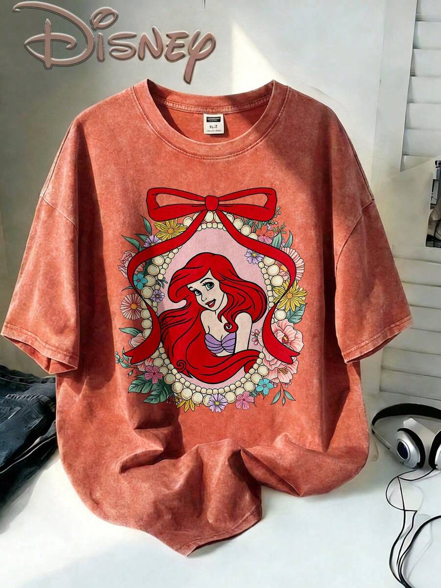 Disney Oversize Round Neck Washed T-Shirt With Disney Ariel Print, Disneyland, Disney Animal Kingdom, Disney Family Vacation Trip, Summer Outfits For Women, Vacation Outfits Women, Dresses,, Dresses For Women, Summer Clothes, Summer Tops, Capris For Women, Rompers For Women, Jeans For Women, Jorts, Graphic Tees Women, Tank Tops Women, Dresses For Women Summer, Summer Tops, Summer Clothes, Summer, Swimsuits For Woman, Bathing Suits For Women, Bikinis, White Tank Top, Women Sweatshirts & Hoodies, Cord Sets For Women, Trajes Elegantes De Mujer, Conjuntos De Dos Piezas Para Mujer, Skirt Two Piece Set, Conjuntos De Mujer, Blusas, Trajes De Mujer Casual, Free Shipping, Co Ords Sets Women, Faldas - Coral Orange - View 1