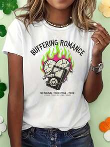 1 Camiseta de Moda Casual para Hombres y Mujeres, Camiseta Estampada para el Día de la Madre, Camiseta de Estilo Punk 'Buffering Romance' para Mujer, Camiseta con Gráfico de Llama y Corazón Roto, Cuello Redondo Casual de Manga Corta, Camiseta Retro para Giras de Música. Versátil, fácil de combinar, adecuada para uso diario, estilo urbano, ropa de vacaciones, ropa de fin de semana. - Blanco - Ver 7