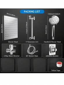 8-Inch High Pressure Shower Head/Handheld Shower Set, With 11-Inch Extension Arm, 5 Adjustable Anti-Leak Spray Modes, Includes Bracket And Hose, Height And Angle Adjustable (Black), Home Bathroom Decor, Summer Bathroom Accessory - Plating - View 2