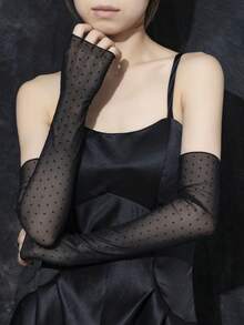 1 Pair Long Lace Fingerless Arm Warmers, Delicate Sheer Breathable Styling Accessory - Black-193 - View 3