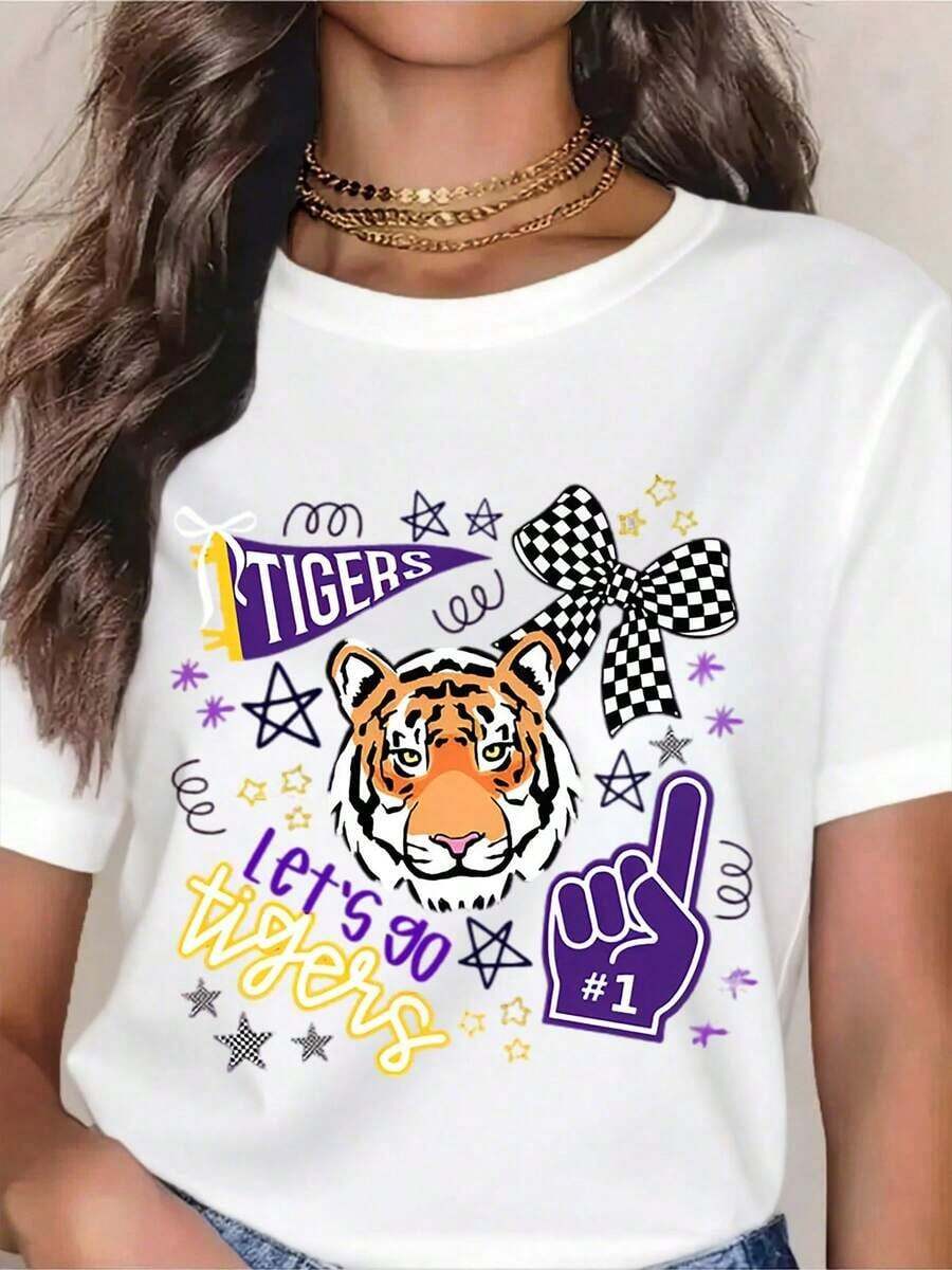 Premium Tiger Spirit Cheer T-Shirt - White Graphic Tee With Tiger Face, "Go Tigers!" Slogan, Plaid Ribbon And # Cuff Design For School Spirit, Sporting Events And Team Support. Gift Idea. - 白色 - 查看 1