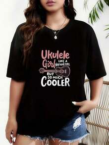 Men's Plus Size T-Shirt - Plus Size T-Shirt With The Print 'Ukulele Like A Normal But So Much Cooler'. This Black Short-Sleeved Crew Neck T-Shirt Is Machine Washable And Suitable For Spring, Summer, And Autumn. It Has A Casual Style And A Comfortable Fit. - 黑色 - 查看 6