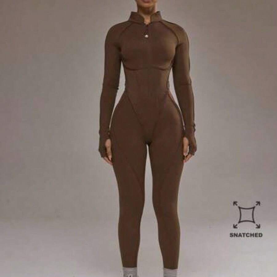 Sport Contrast Piping Zip Through Open Back Fitted Long Sleeve Jumpsuit Padel Activewear Sport Gym Workout Yoga Pilates Fitness Daily Casual - Café integral - Ver 1