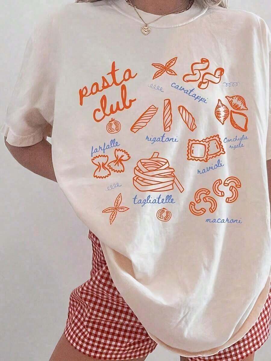 Yuega 1 Piece T-Shirt, Pasta T-Shirt, Foodie T-Shirt, Gift For Pasta Lovers, Italian Girls, Pasta Club, Pasta Pes, Retro Graphic, Chic Granny Style, 180G Pure Cotton T-Shirt - The Best Gift For Parents, Siblings, And More, Suitable For Any Occasion, Daily Wear And Casual Activities, Summer Clothes, Tops - 白色 - 查看 1