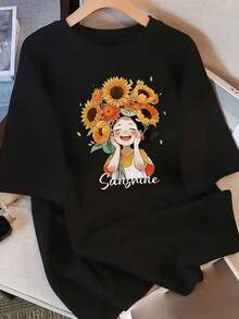 Women's Summer Sunflower Print 100% Pure Short Sleeve T-Shirt With Small Print, Round Neck, Korean Style Loose Fit, Casual, Versatile And Fashionable - 黑色 - 查看 1