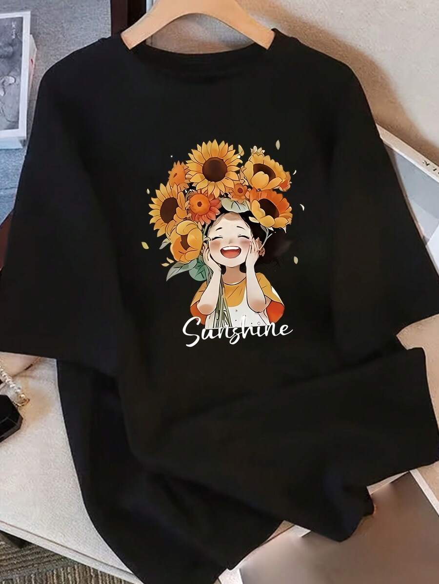 Women's Summer Sunflower Print 100% Pure Short Sleeve T-Shirt With Small Print, Round Neck, Korean Style Loose Fit, Casual, Versatile And Fashionable - 黑色 - 查看 1