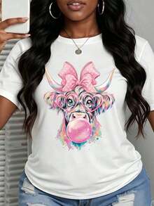 Women's 100% Cotton Casual T-Shirt With A Fun Cow Print, Pink Bow, And Glasses Blowing Bubble Gum. Features A Round Neck, Short Sleeves, And Is Perfect For Everyday Wear, Parties, Festivals, And As A Gift. A Fashionable Summer Cotton T-Shirt. - 白色 - 查看 6