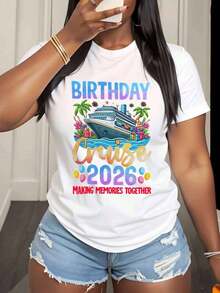 "Birthday Cruise 2026 Creating Memories Together" T-Shirt For Women And Men, Unisex, For Summer Vacation, Party, Gift, 220g - Urban Vintage Style, Unisex, Loose Cotton Short Sleeve T-Shirt With Round Neck, 100% Pure Cotton. - 白色 - 查看 3