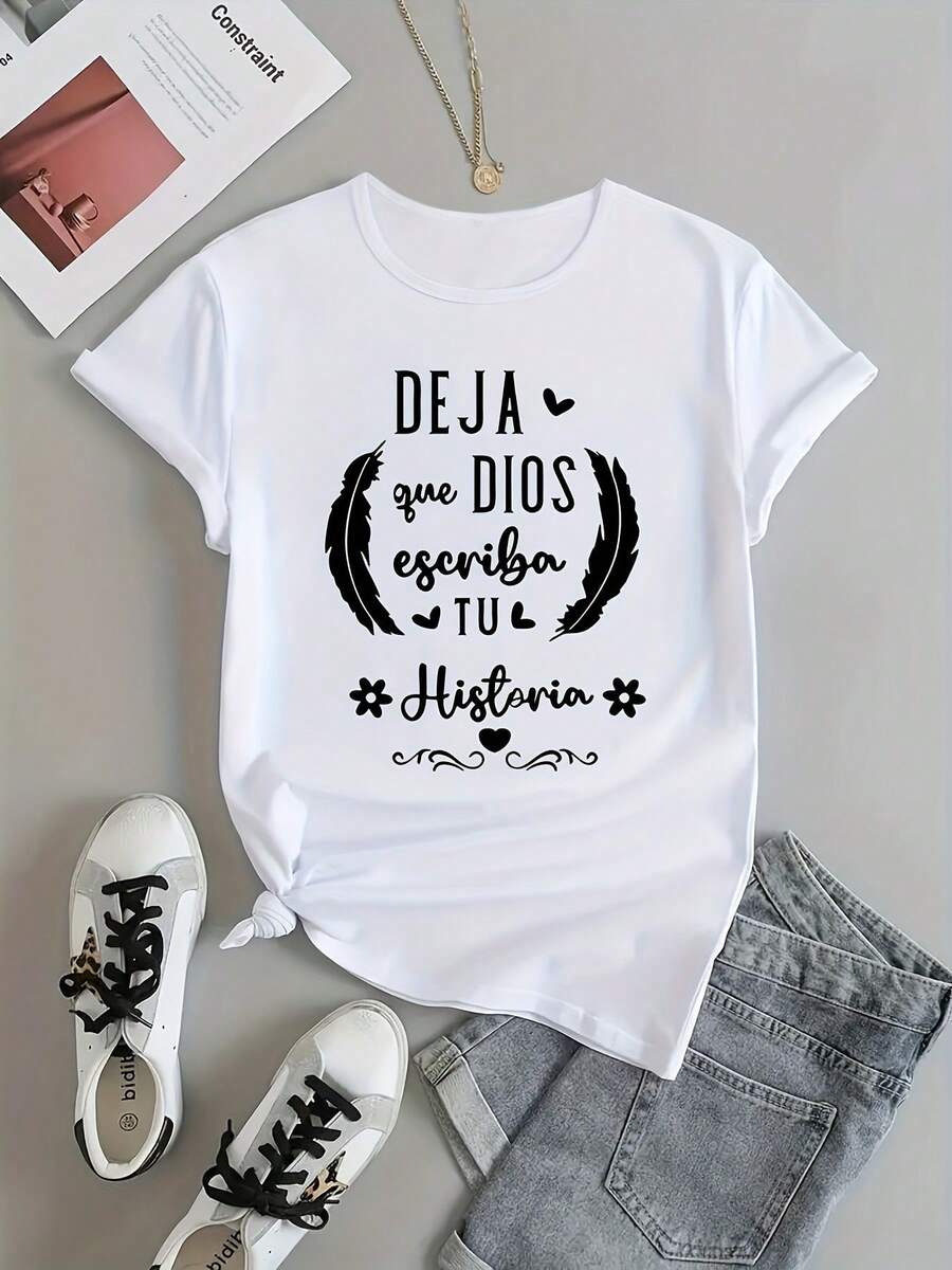 Women's Cotton T-Shirts With Round Neck, Casual Feather And Letter Print, Loose And Comfortable Plus Size Women's T-Shirt, Suitable For Work, Going Out And Home Use, Plus Size Women's Spring/Summer T-Shirt, Simple T-Shirt For Everyday Use. - 白色 - 查看 1