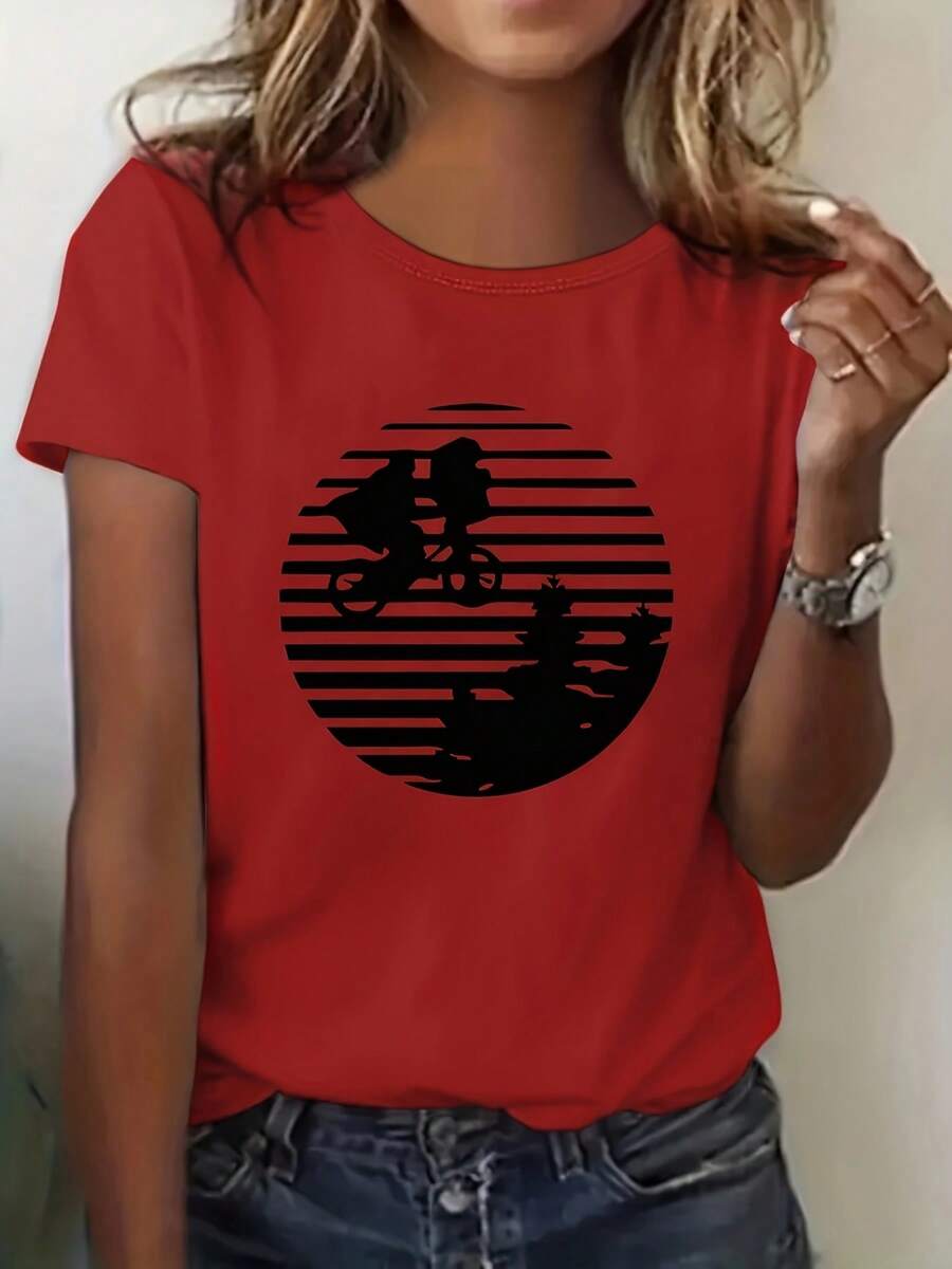 Women's Casual Cotton Crew Neck T-Shirts - Short Sleeve Knit Top, 100% Polyester, Comfortable Fit, Solid Color, Medium Stretch Fabric, Suitable For All Seasons - Regular Length Pullover Style T-Shirt. Simple T-Shirt For Everyday Wear. - 紅色 - 查看 1