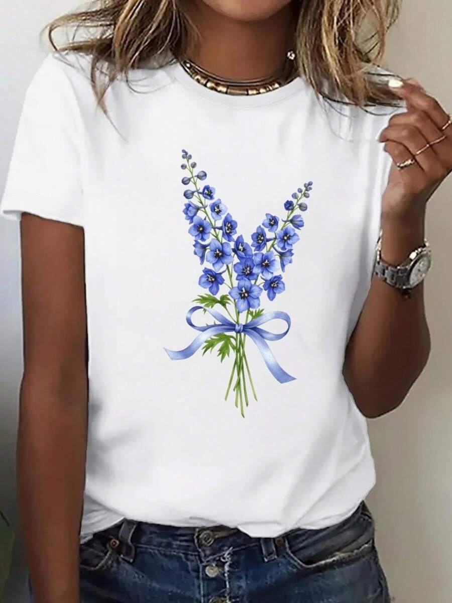 Women's Loose Fit T-Shirt - Casual Short Sleeve Blouse With White And Blue Floral Print, Breathable And Soft Crew Neck T-Shirt, Suitable For Everyday Wear In Spring And Summer, Machine Washable. Unisex Urban Vintage Style Cotton Loose Fit Short Sleeve Crew Neck T-Shirt. - 白色 - 查看 1