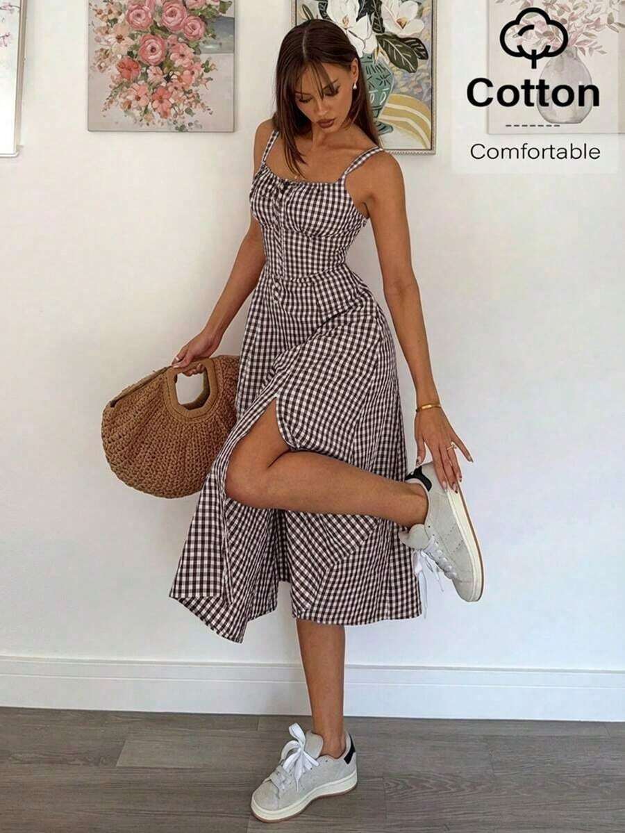Vestido a media pantorrilla con tirantes a cuadros para mujeres, de moda y apropiado para el verano - Marrón - Ver 1