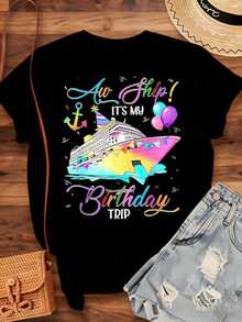 Aw Ship It's My Birthday Trip Women's Cruise T-Shirt, Summer Holiday Party Tee, Funny Birthday Gift For Travel Lovers, 220g - Urban Vintage Style, Unisex Loose Cotton Short Sleeve Crew Neck T-Shirt, 100% Pure Cotton. - 黑色 - 查看 4