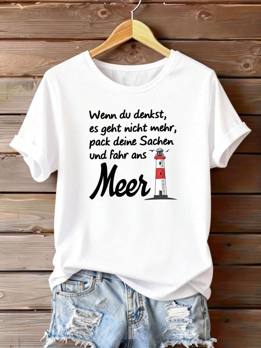 Plus Size 1pc Plus Size Fashion Women's Elegant Tops Lighthouse Text Print Design And Beautiful Plus Size Printed T-Shirt Round Neck Short Sleeve Casual Sporty Style Top For Friends, Couples And More - 白色 - 查看 1