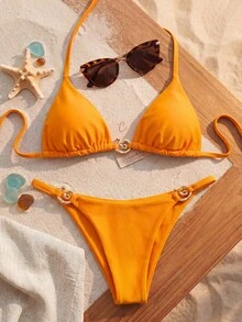 New Two-Piece Swimsuit, Solid Color Bikini For Women With Metallic Underwire, Sexy Two-Piece Bikini. - 橘色 - 查看 7