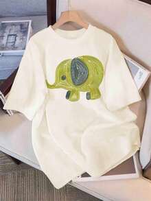 Women's Modern, Casual T-Shirt, Perfect For Parties And Lounging At Home, 100% Cotton, Loose Fit. Graphic Print T-Shirt, Short Sleeve Crew Neck Casual Top For Summer & Spring, Women's Clothing, 100% Cotton - 杏色 - 查看 1