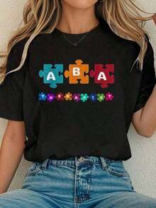 100% Cotton, 1 Piece Women's Cotton T-Shirt, Comfortable T-Shirt With ABA Therapist Print, Behavior Analyst, RBT Therapy, G, 100% Cotton Women's Simple Solid Color T-Shirt, Loose And Slim Fit Casual Short Sleeve - 黑色 - 查看 5