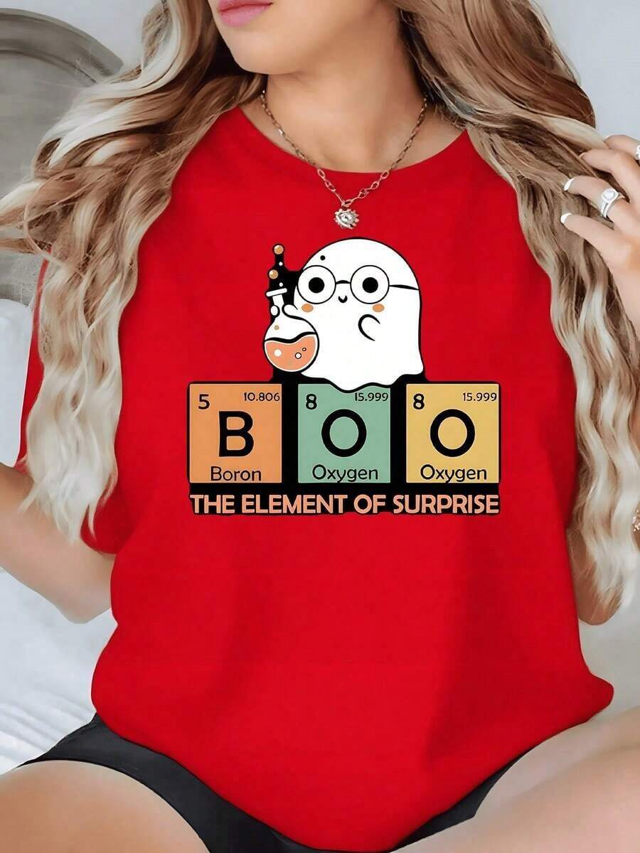 100% Cotton. Adorable Ghost With Glasses Holding A Flask Over The Periodic Table Forming The Word BOO. Funny Chemical Reference. Women's T-Shirt, 100% Cotton, 220g. Women's Simple Solid Color T-Shirt, Loose And Slim Fit Casual Short Sleeve - 紅色的 - 查看 1
