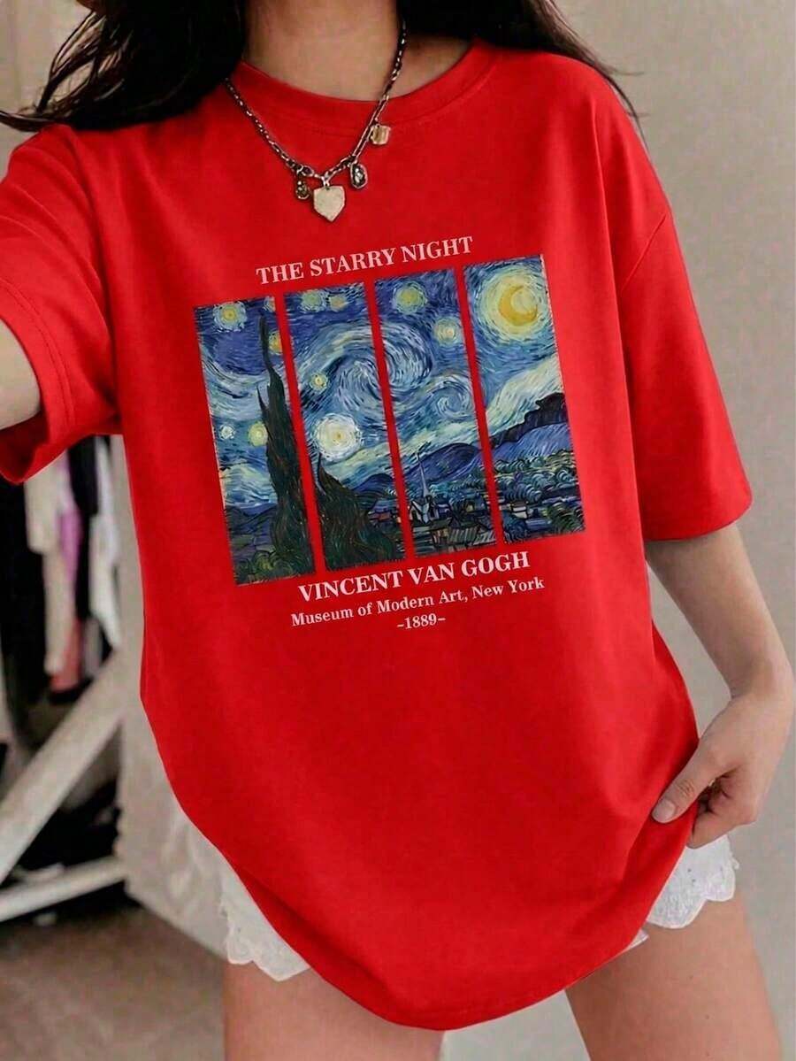 Printed T-Shirt With A Famous Painting Design, Casual Women's Style, Round Neck, Short Sleeves, Ideal For Everyday Wear, Eye-Catching, Modern, Loose Fit, Perfect For You. (Fresh Style, Sweet Style, Unisex) - 紅色的 - 查看 1