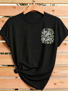 Women's Short Sleeve T-Shirt 2026 "Only Someone Who Loves Plants" Double-Sided Green Plant Art Style Print, Stylish And Versatile For Spring, Summer And Autumn, Casual And Sporty Style, Round Neck T-Shirt, Short Sleeve, Soft And Comfortable, Available In Size S - 黑色 - 查看 2