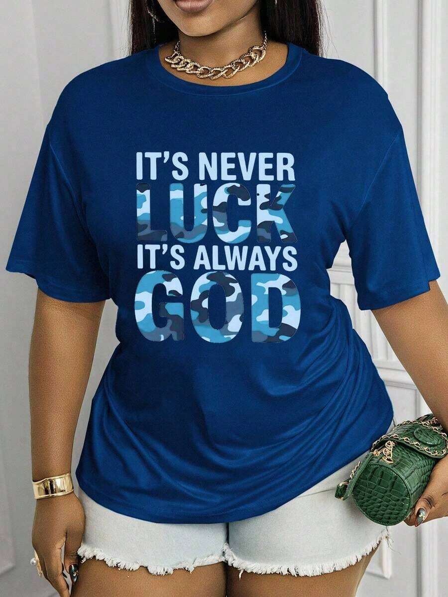 Maweii Women's Plus Size Casual T-Shirt - Camouflage Print "It's Never Luck, It's Always God", White, Short Sleeve, Round Neck, Machine Washable, All Season Comfort, Motivational Clothing, Easy Care. - 海軍藍 2 - 查看 1